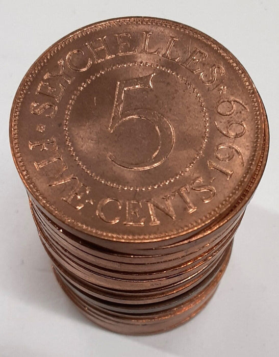 1969 Seychelles 5 Cent Bronze Coins of Queen Elizabeth II - Roll of 20 BU Coins
