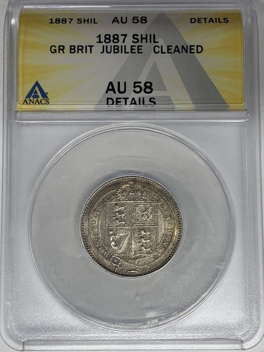 1887 Great Britain Shilling ANACS AU 58 Details Cleaned