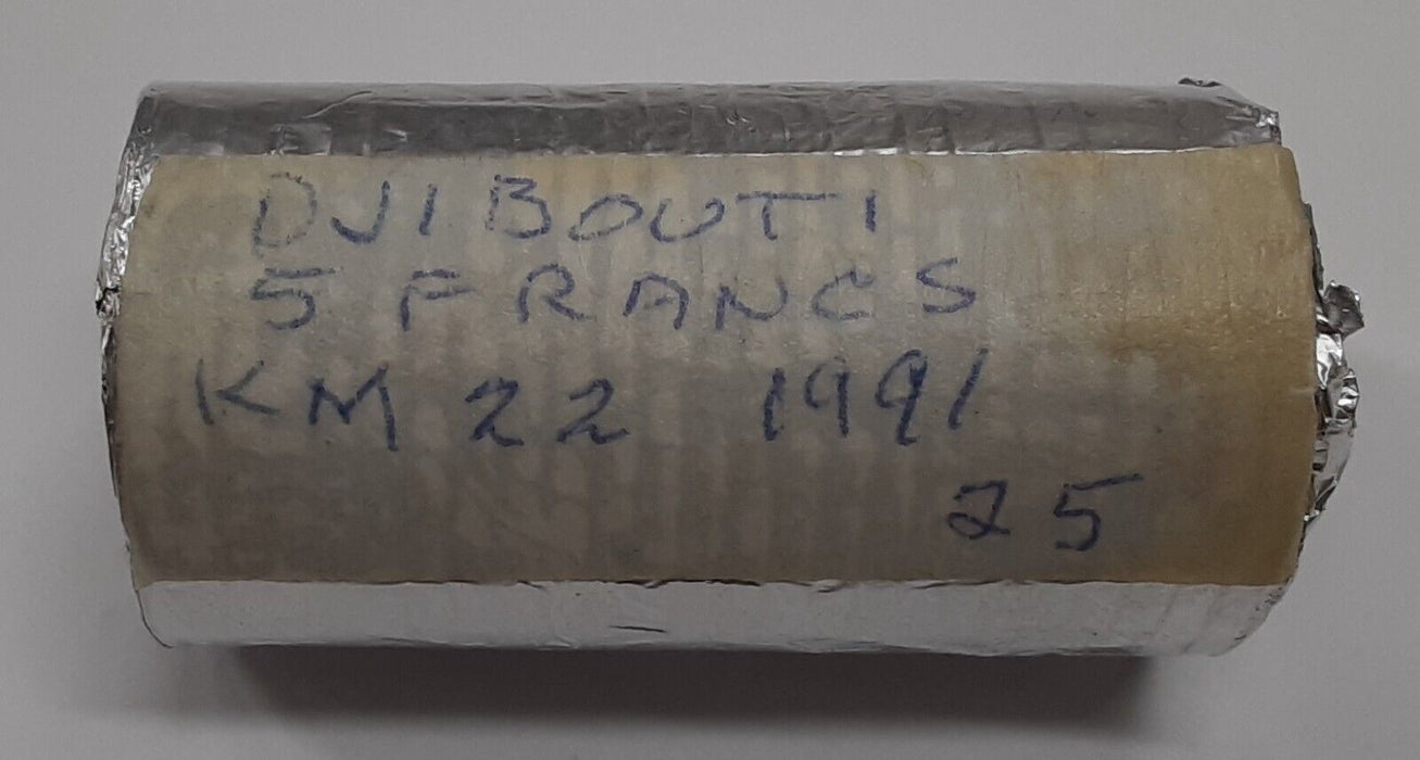 1991 Djibouti 5 Francs Aluminum Coins - Roll of 25 BU Coins