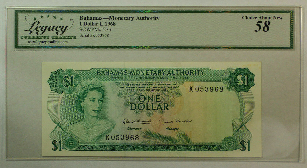 1968 Bahamas Monetary Authority $1 One Dollar Currency Legacy  58