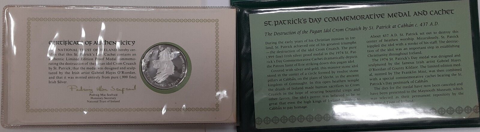 1974 St. Patrick's Day Proof .925 Silver Medal & Cachet in Franklin Mint Folder