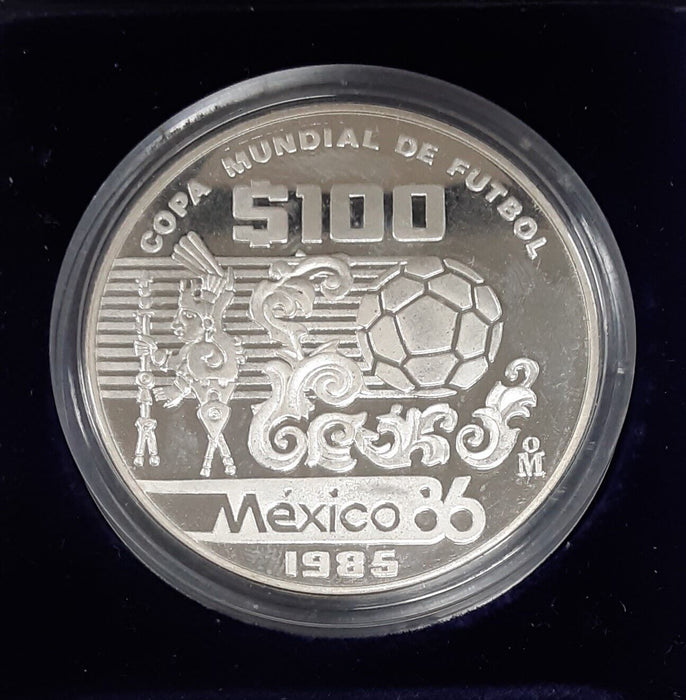 1985 Mexico 100 Pesos Proof Silver Coin - World Cup Commemorative in OGP