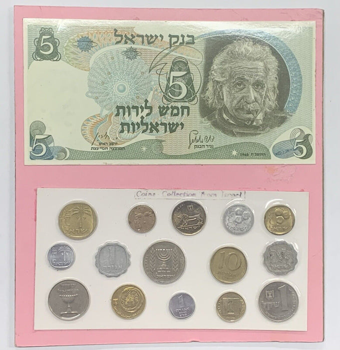 Israel Coin Collection Lot of 15 Coins and $5 Einstein Note-On Display Card