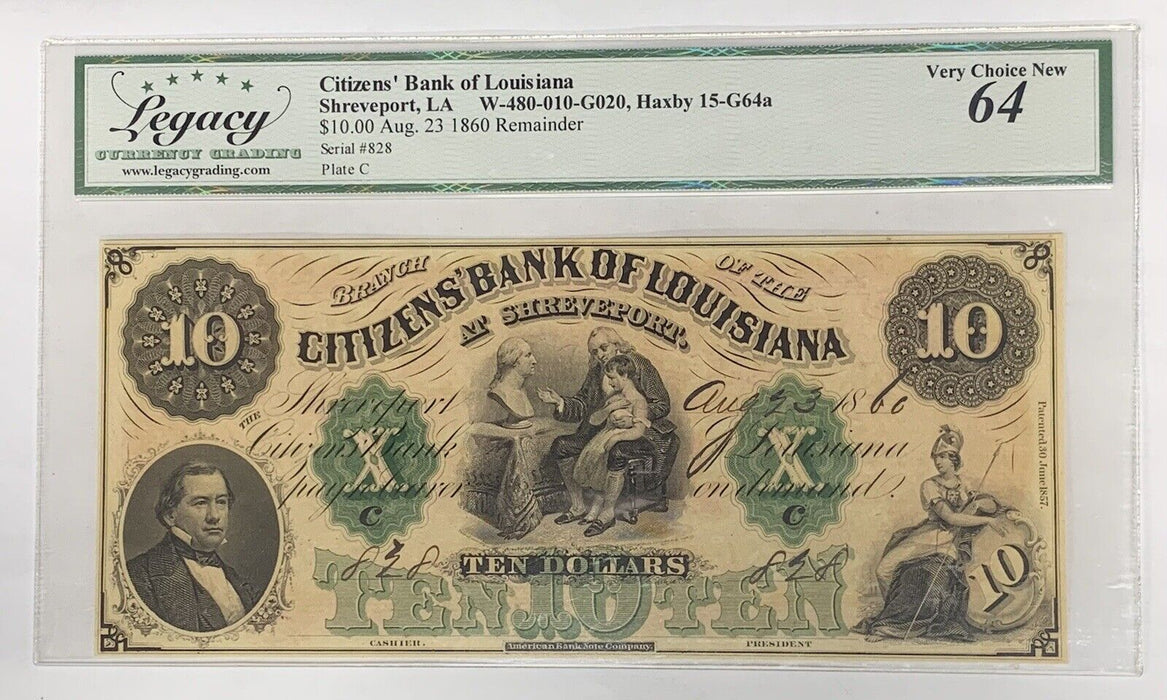 1860 $10 Citizens Bank of Louisiana-Shreveport, LA-Legacy MS 64 W/Comments