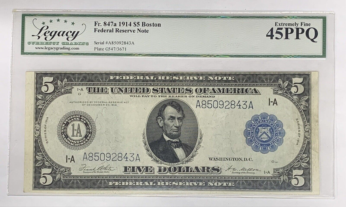 1914 $5 Federal Reserve Note Boston-FR 847a Legacy XF 45 PPQ