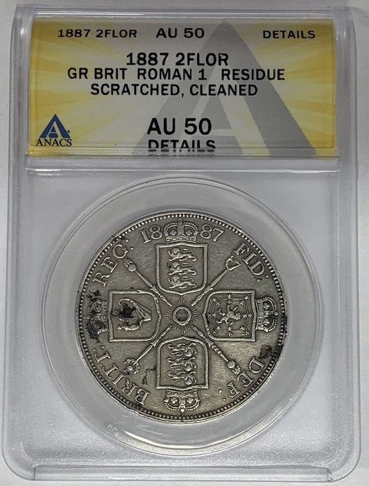 1887 Great Britain Roman 2 Florin ANACS AU 50 Details