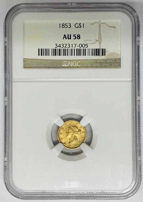 1853 Liberty Head Gold $1 Dollar NGC AU 58
