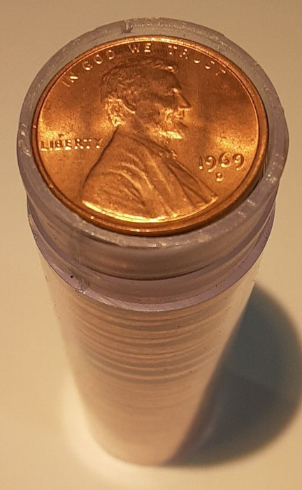 1969-D US Lincoln Cents BU Roll of 50 Coins Total in Tubes