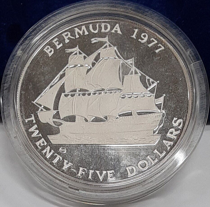 1977 Bermuda $25 Sterling Silver Coin /25th Ann of QE II in Original Holder