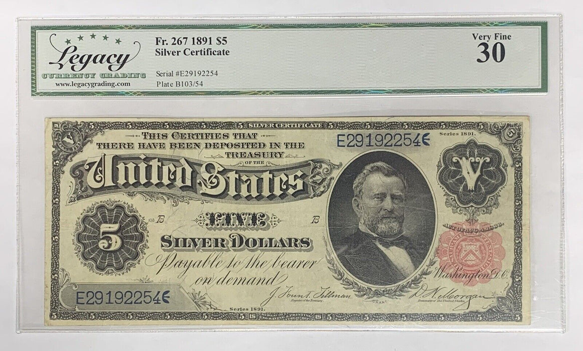 1891 $5 Silver Certificate Note FR 267 Legacy VF 30