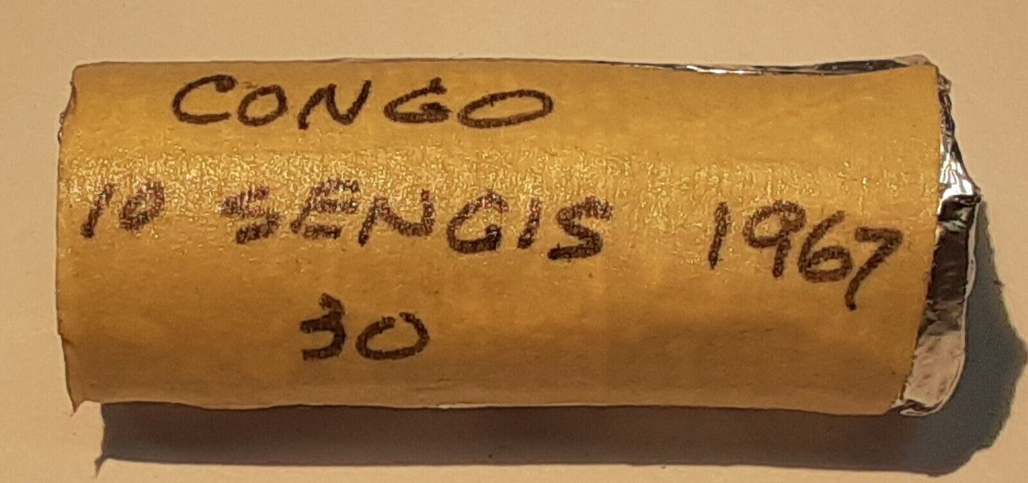 1967 Republic of Congo 10 Sengi Aluminum Coin (Leopard) BU Roll of 30