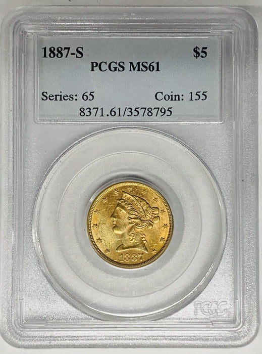 1887-S $5 Liberty Head Half Eagle Gold Coin PCGS MS 61