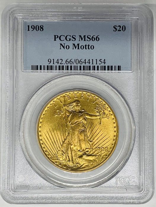1908 $20 Saint Gaudens Double Eagle Gold Coin No Motto PCGS MS 66 (A)