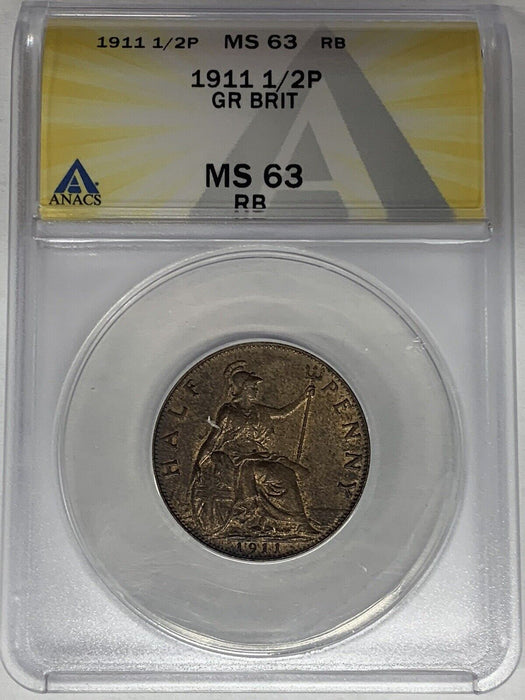 1911 Great Britain Half Penny ANACS MS 63 RB