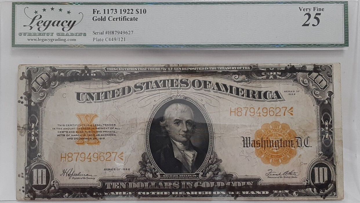 Series 1922 $10 Gold Certificate Speelman/White FR# 1173  Legacy VF 25