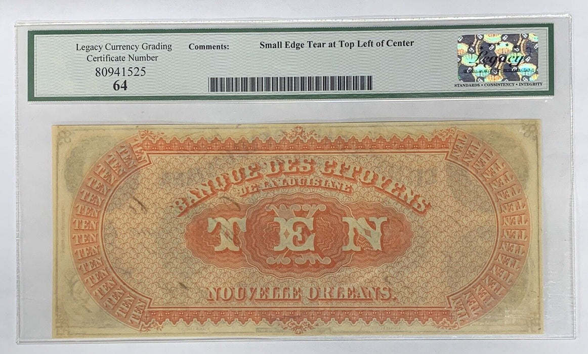 1860 $10 Citizens Bank of Louisiana-Shreveport, LA-Legacy MS 64 W/Comments