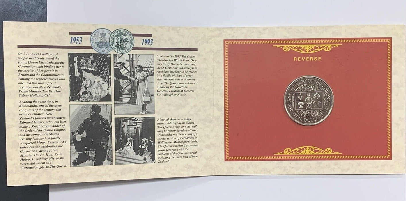 1993 New Zealand $5 Dollar Coin-40th Anniversary of The Coronation-With COA