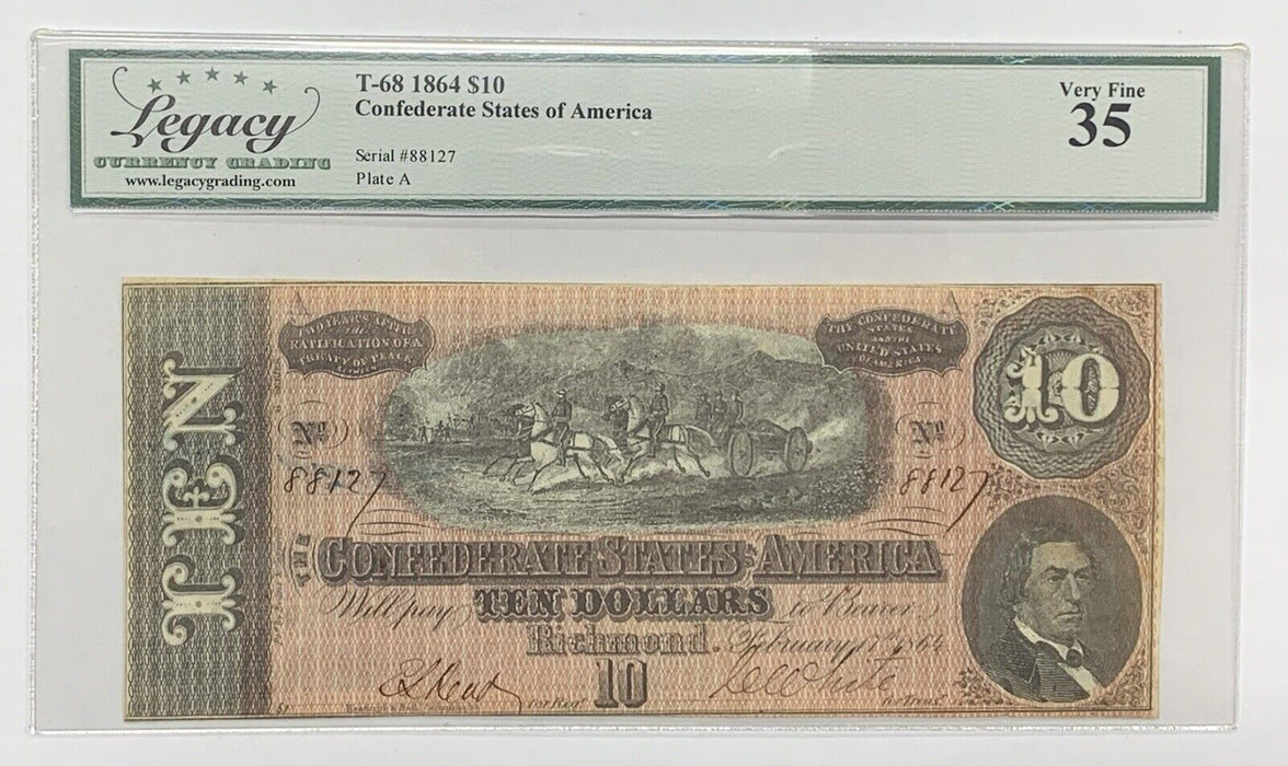 1864 $10 Confederate States of American Note T-68 Legacy VF 35 (A)