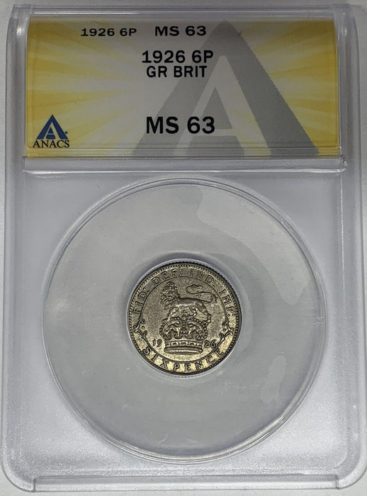 1926 Great Britain 6 Pence ANACS MS 63