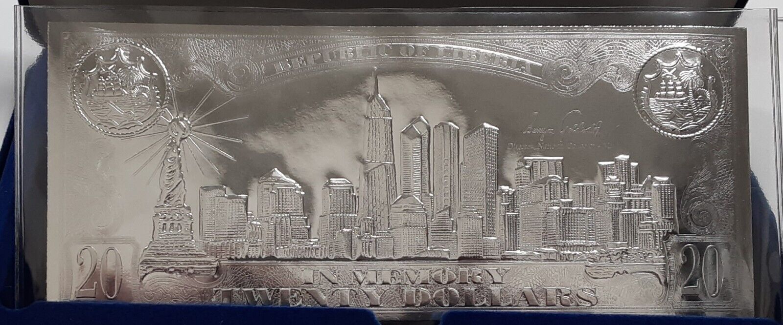 Republic of Liberia 9-11 Commemorative Silver Plated Note in Plastic Sleeve