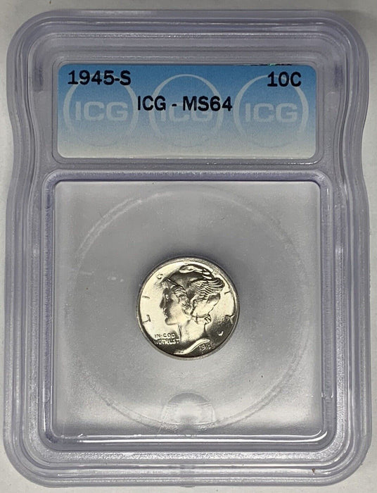 1945-S Mercury Dime 10c Coin Toned REV ICG MS 64 Looks Better (13) G