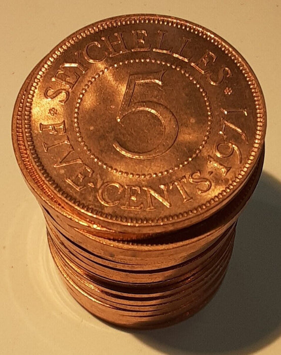 1971 Seychelles 5 Cent Bronze Coins of Queen Elizabeth II - Roll of 20 BU Coins