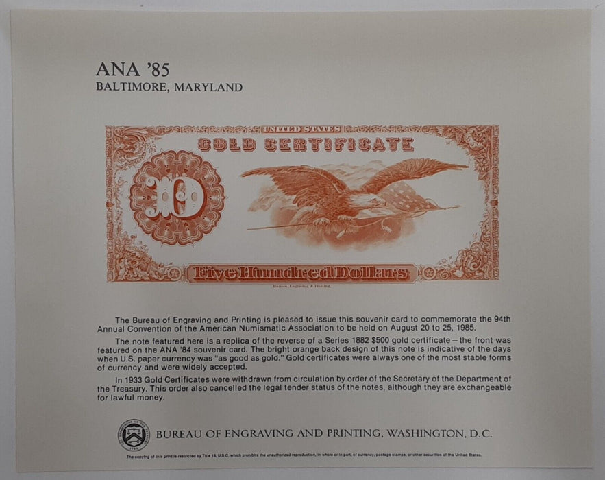 BEP Souvenir Card 1985 Baltimore ANA 1882 $500 Gold Certificate B-82