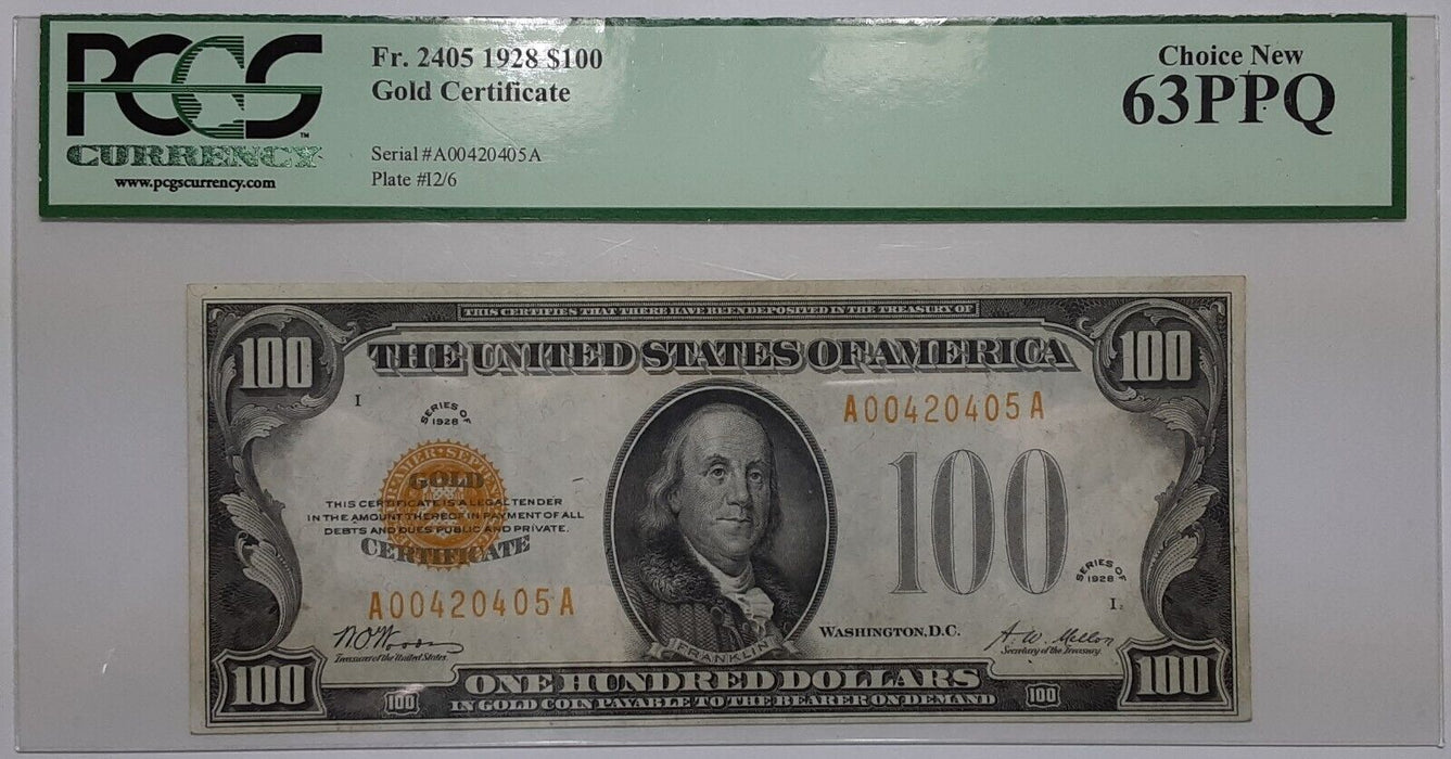 1928 $100 Hundred Dollar Gold Certificate Note Fr. 2405 PCGS Choice New 63PPQ