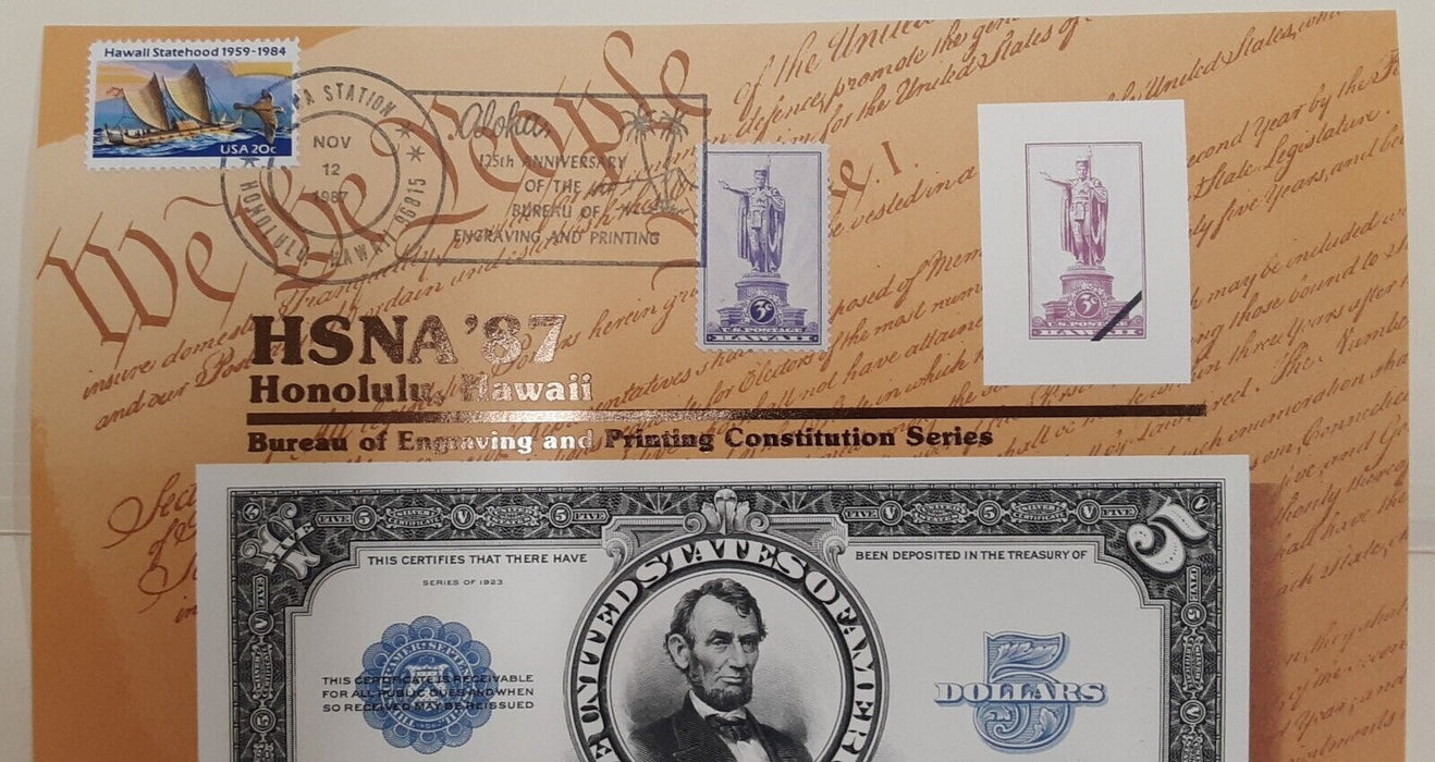 BEP Souvenir Card 1987 HSNA 1923 $5 Silver Certificate Show Cancelled (B 111)