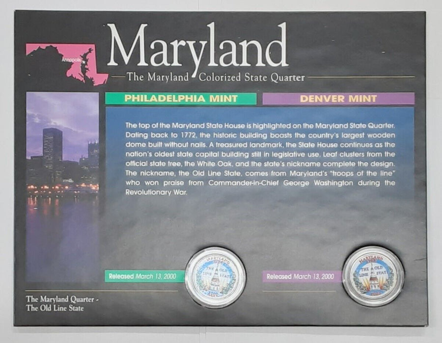 (2) 2000 Maryland Colorized State Quarter P&D-BU-w/Colorful Display Card