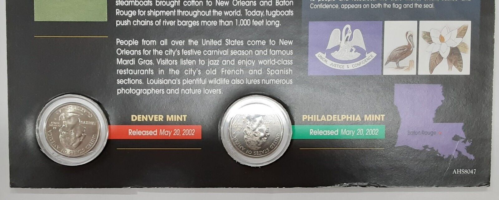 (2) 2002 Louisiana Colorized State Quarter P&D-BU-w/Colorful Display Card