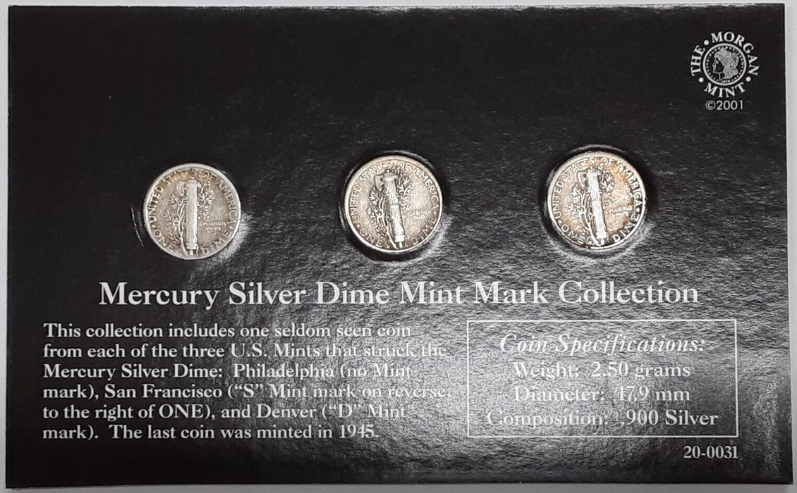 Complete Mercury Dime Mint Mark Set - 3 Coins in Info Card - Avg Circ