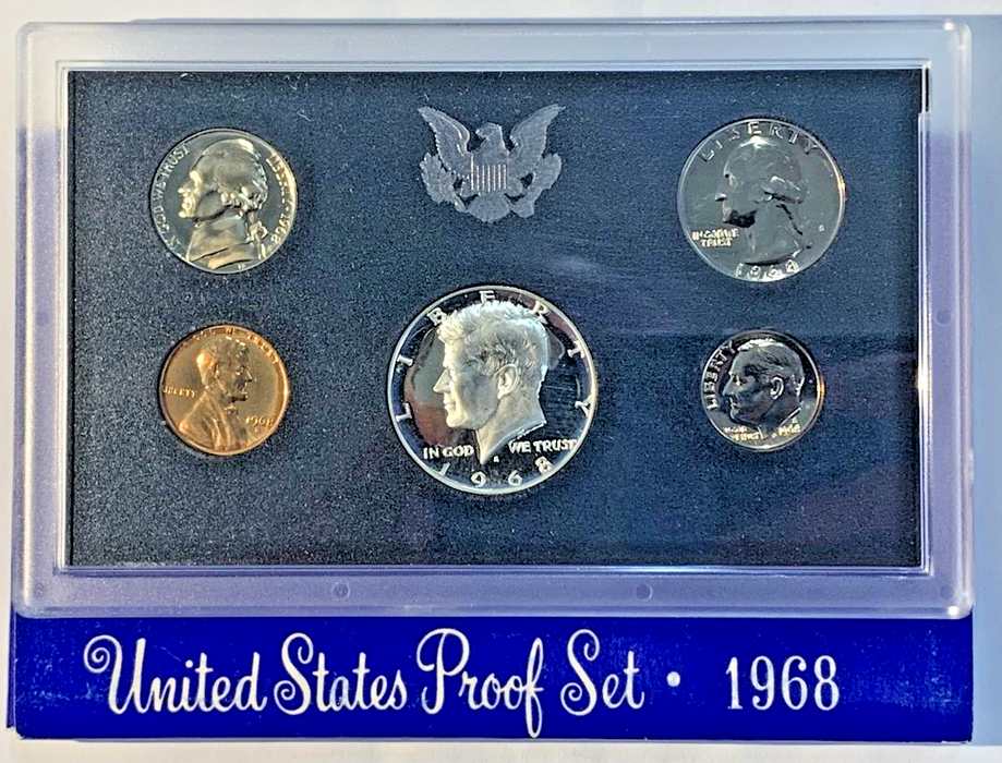 1968-S US MINT 5-COIN PROOF SET + ORIGINAL BOX, INCLUDES 40% SILVER KENNEDY HALF