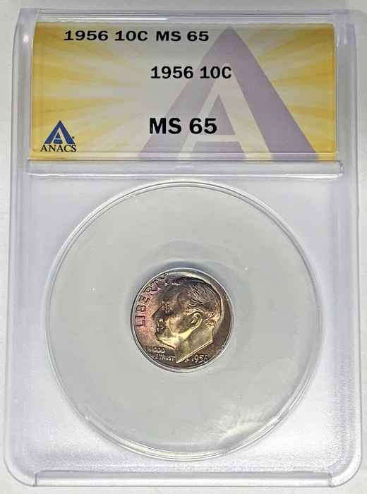 1956 Roosevelt Dime 10c Coin Toned ANACS MS 65