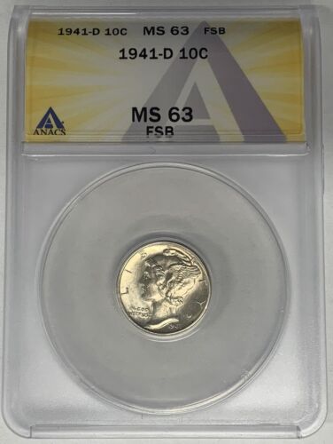 1941-D Mercury Dime 10c Coin ANACS MS 63 FB