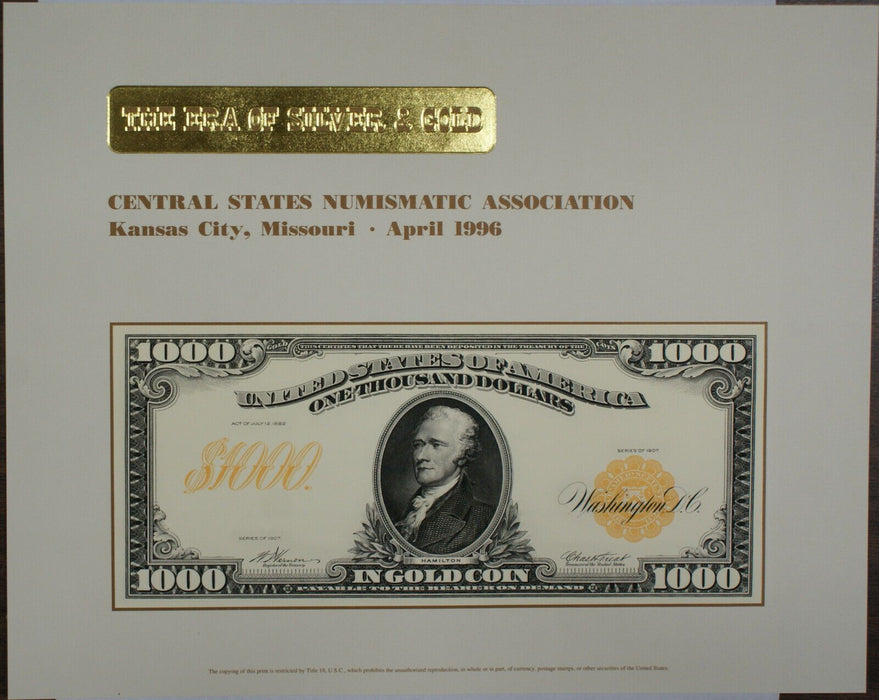 BEP souvenir card B 206 1996 CSNS 1907 $1000 Gold Certificate Face