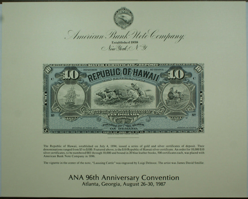 ABNC souvenir card SO 57 1987 ANA 1895 $10 Silver Cert Face Republic of Hawaii