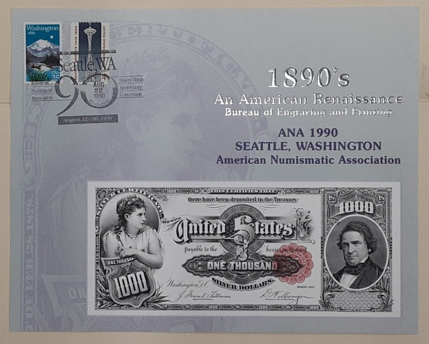 BEP Souvenir Card From 1990 ANA in Seattle- 1891 $1000 SC - Cancelled (B 140)