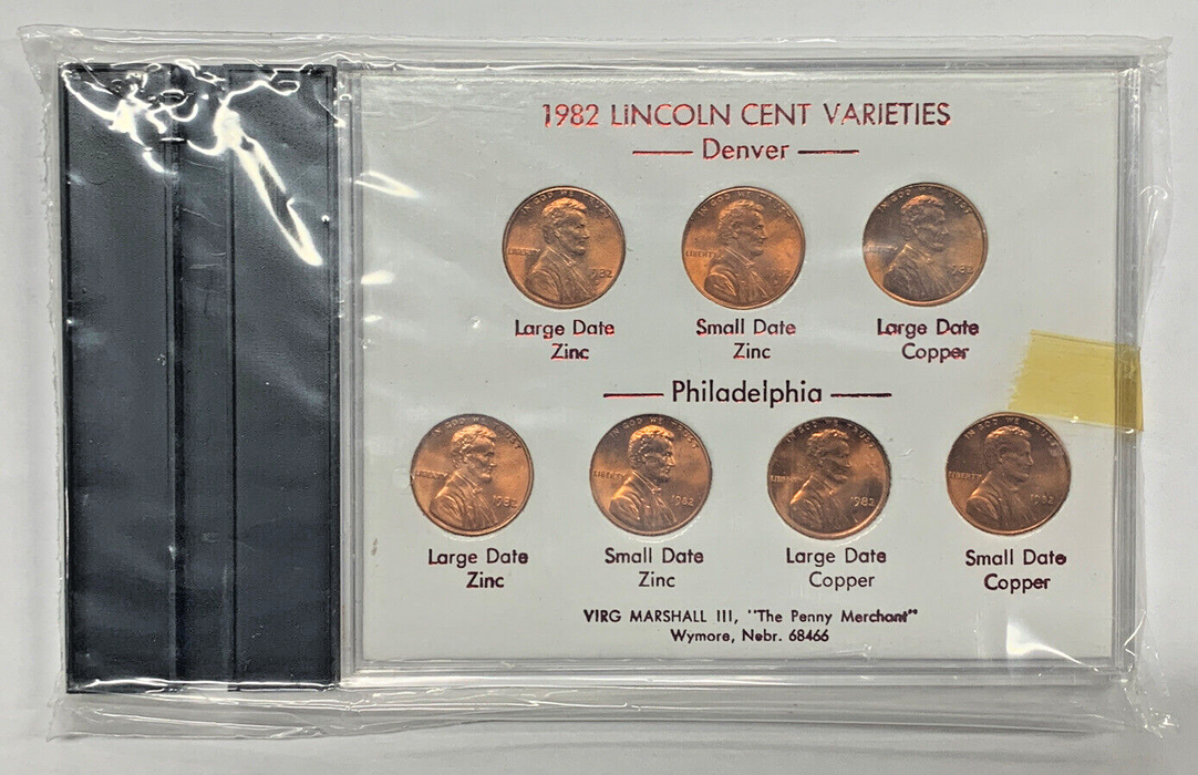 1982 Lincoln Memorial Cent 7 Coin Varieties Set, Brilliant Uncirculated