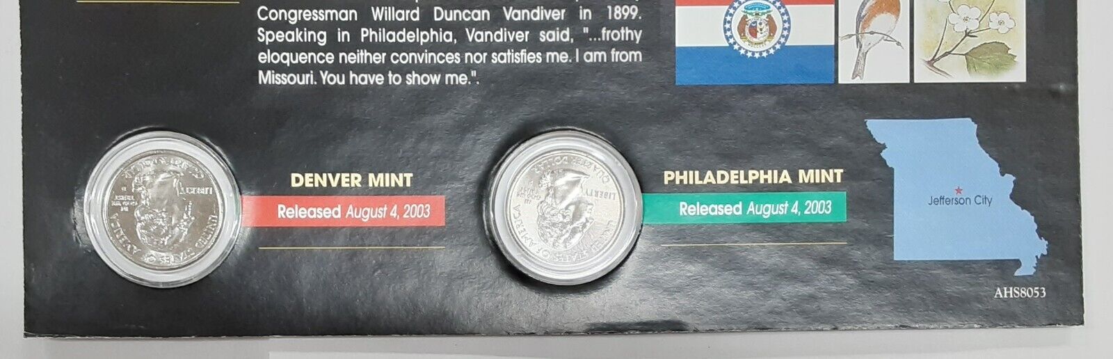 (2) 2003 Missouri Colorized State Quarter P&D-BU Coin-w/Colorful Display Card