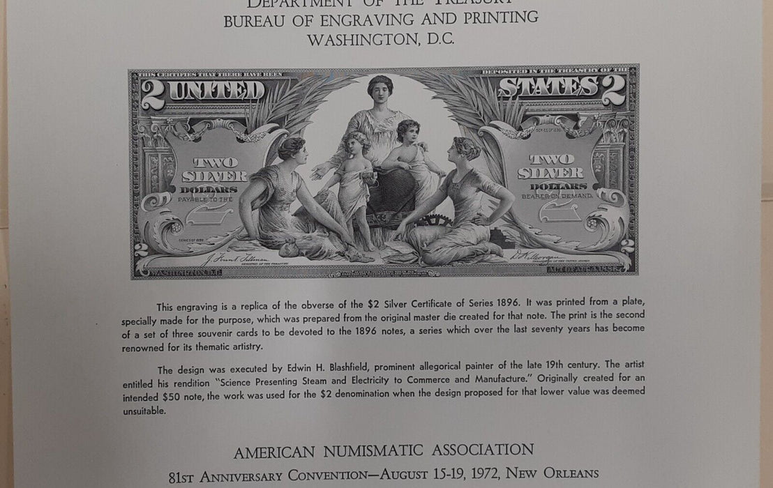 BEP Souvenir Card B 18 ANA 1972 Face 1896 $2 Educational Silver Certificate