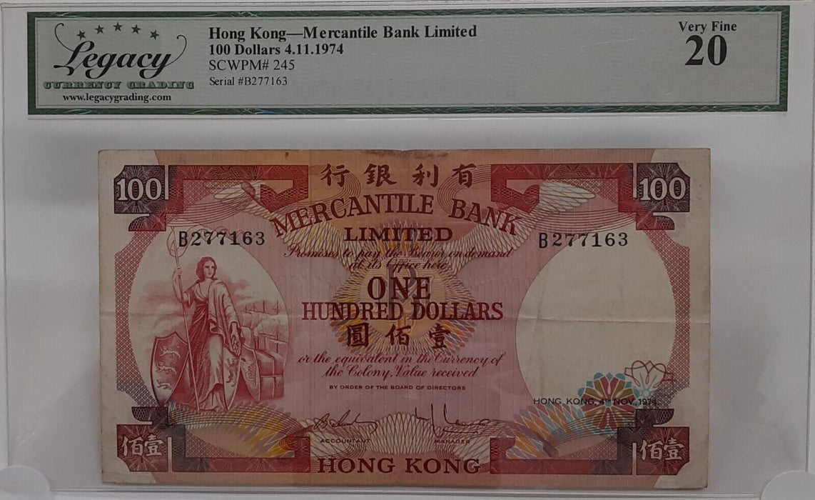 1974 Hong Kong Mercantile Bank 100 Dollar Note SCWPM#245 Legacy VF-20