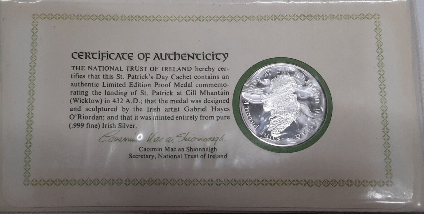 1972 St. Patrick's Day Proof .925 Silver Medal & Cachet in Franklin Mint Folder