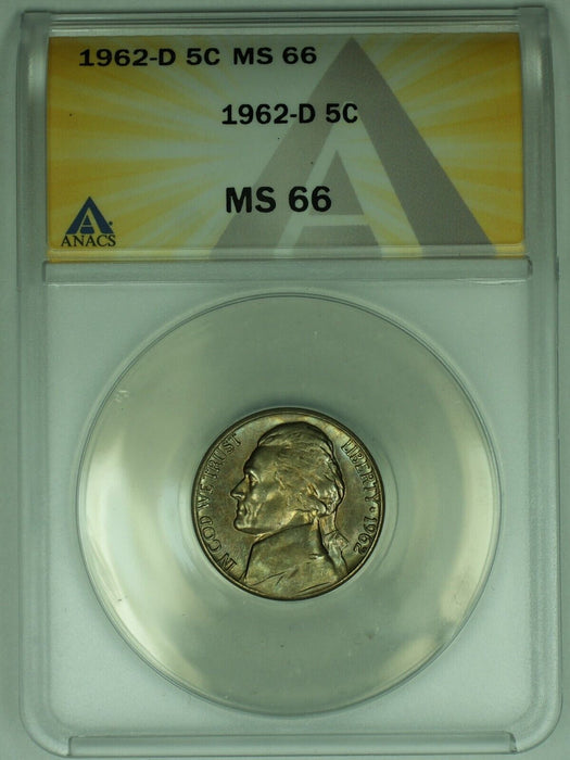 1962-D Jefferson Nickel Toned 5C ANACS MS 66 (52)