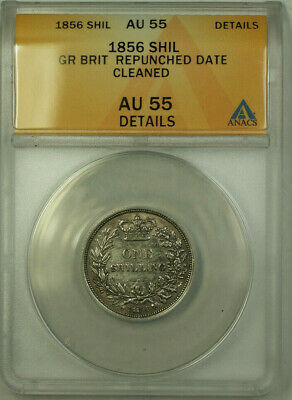 1856 Great Britain 1 Shilling Coin Repunched Date ANACS AU 55 Cleaned Details