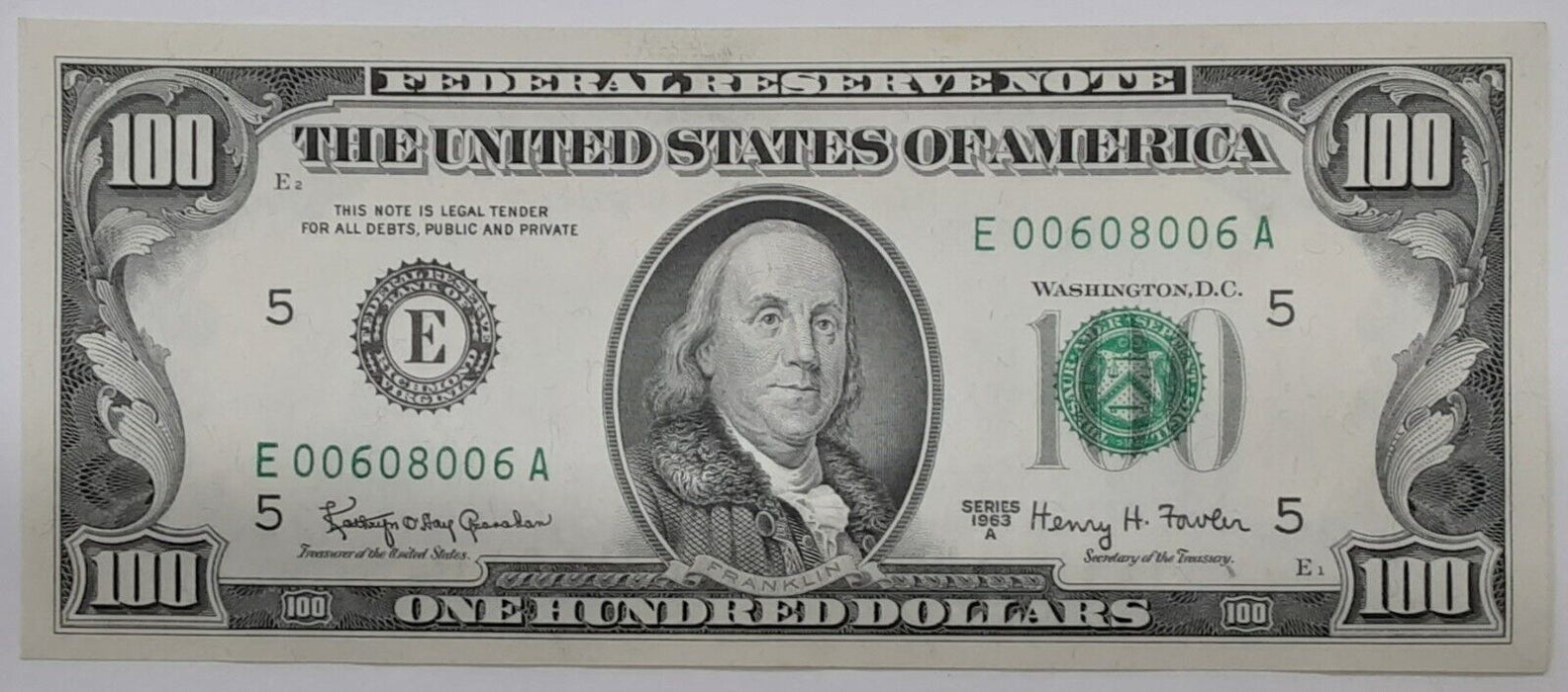 1963-A $100 Federal Reserve Note Fr. 2163-E Crisp UNC WW