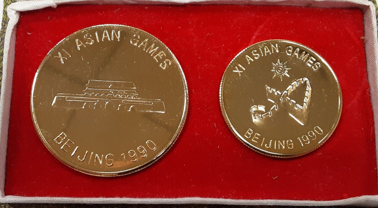 XI Asian Games in Beijing 1990 Pair of 24K Gold Plated Medals in Original Case