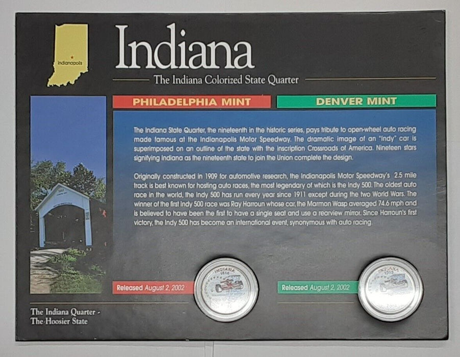(2) 2002 Indiana Colorized State Quarter P&D-BU-w/Colorful Display Card