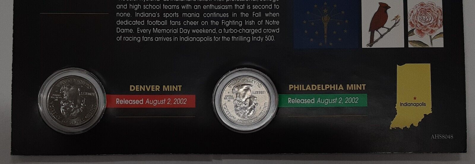 (2) 2002 Indiana Colorized State Quarter P&D-BU-w/Colorful Display Card