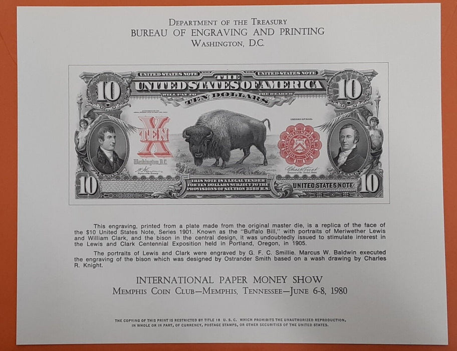 BEP Souvenir Card 1980 IPMS Front 1901 $10 Legal Tender Note "Bison" B-47